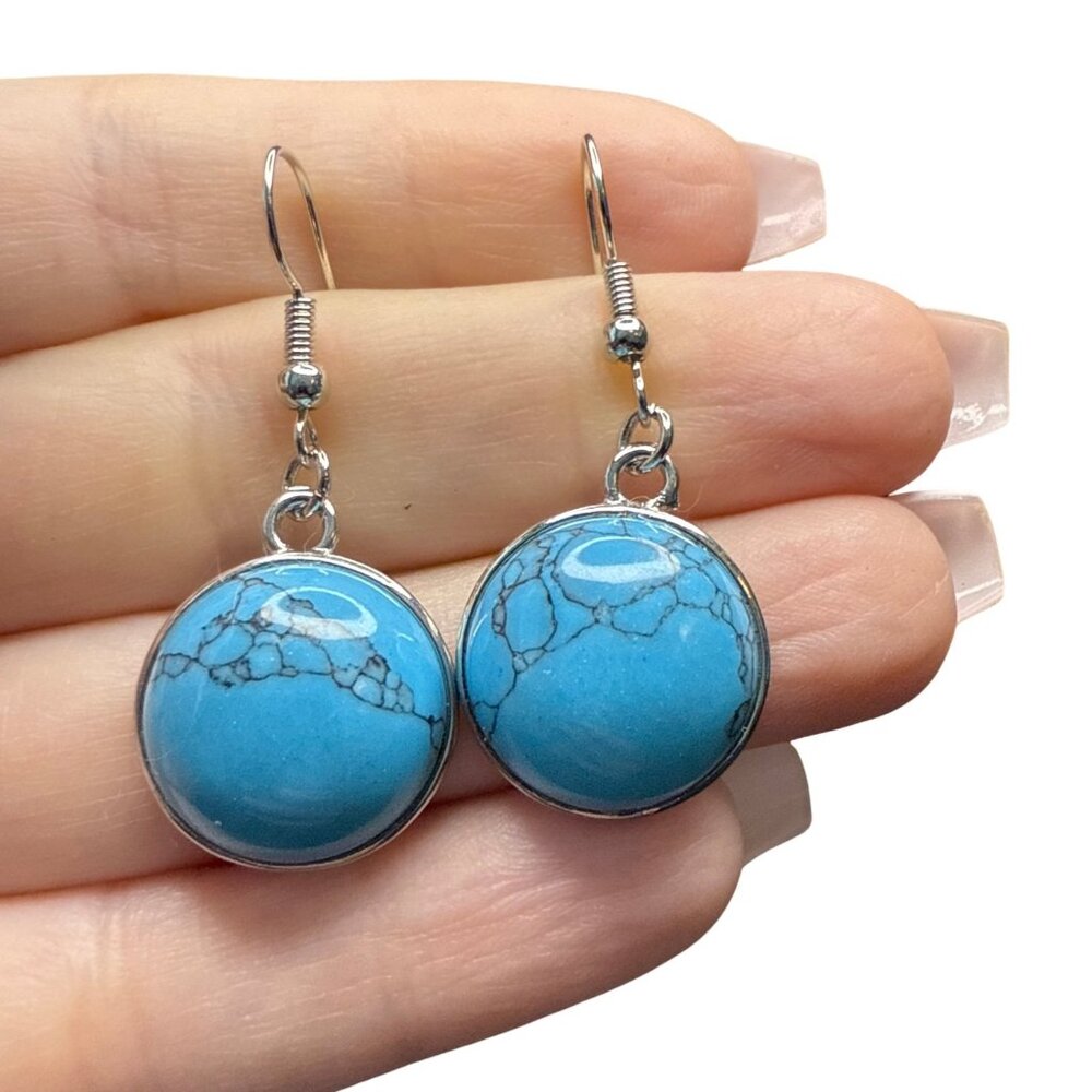 Earrings Turquoise round silver hook jewelry women’s fashion accessories NEW